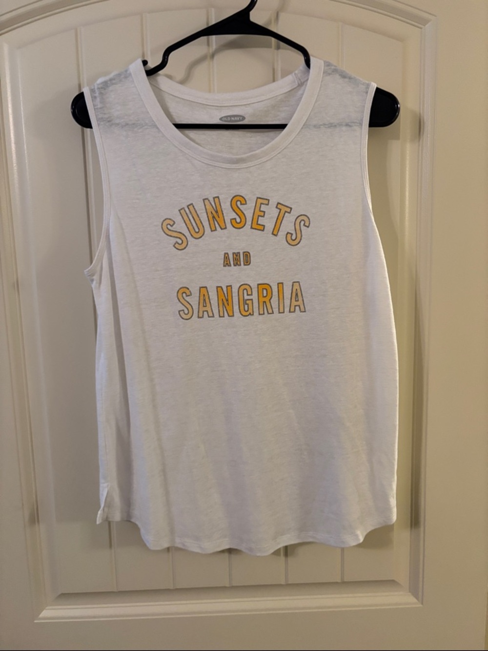 Old Navy White Tank with Yellow 'Sunsets and Sangria' Graphic